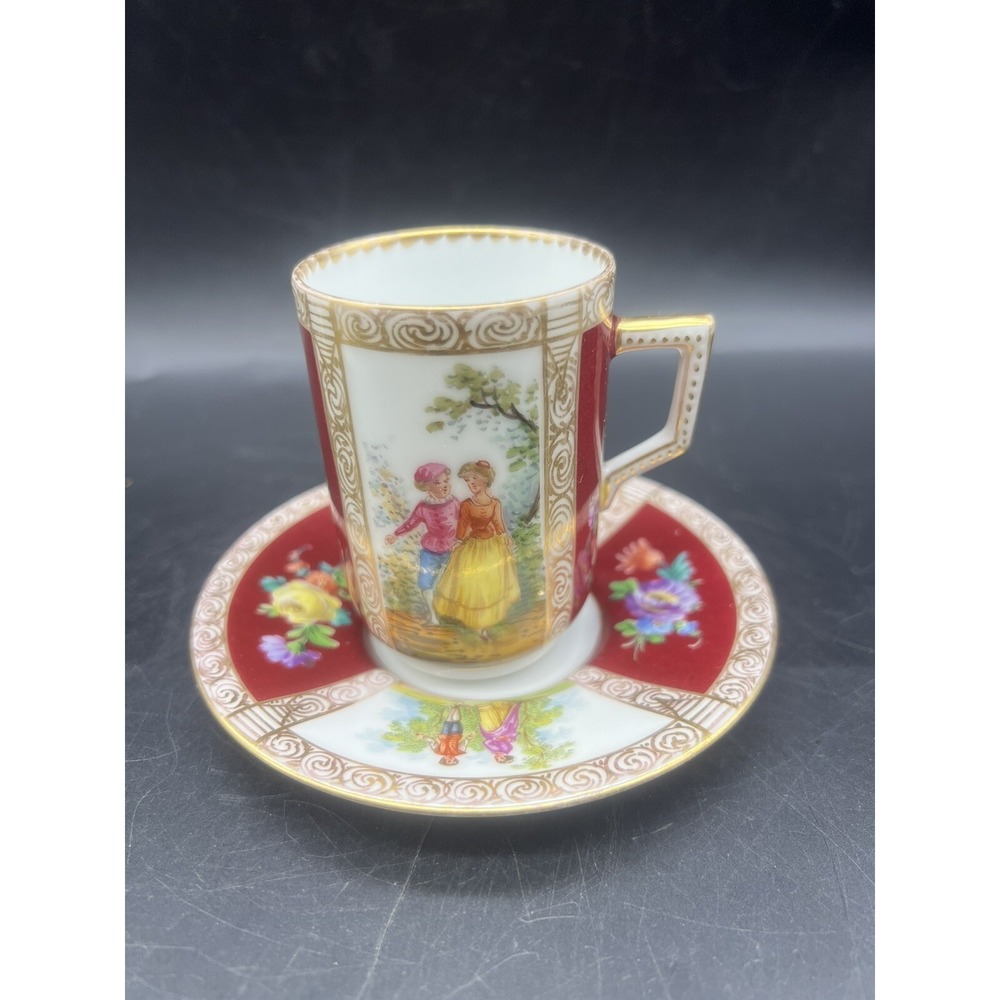 Antique Dresden Porcelain Burgundy Gold Hand Painted Chocolate Cup & Saucer